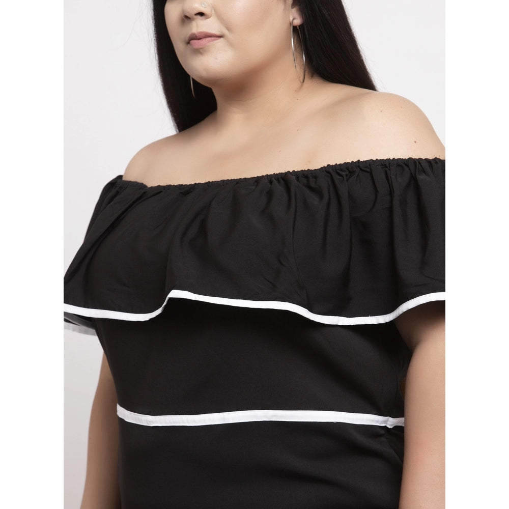 Amfyn Women's Crepe Solid Knee Length Fit and Flare Dress (Black)