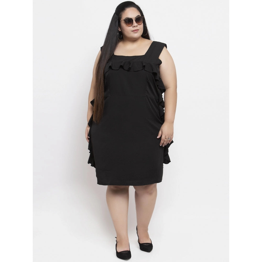 Amfyn Women's Crepe Solid Knee Length Fit and Flare Dress (Black)