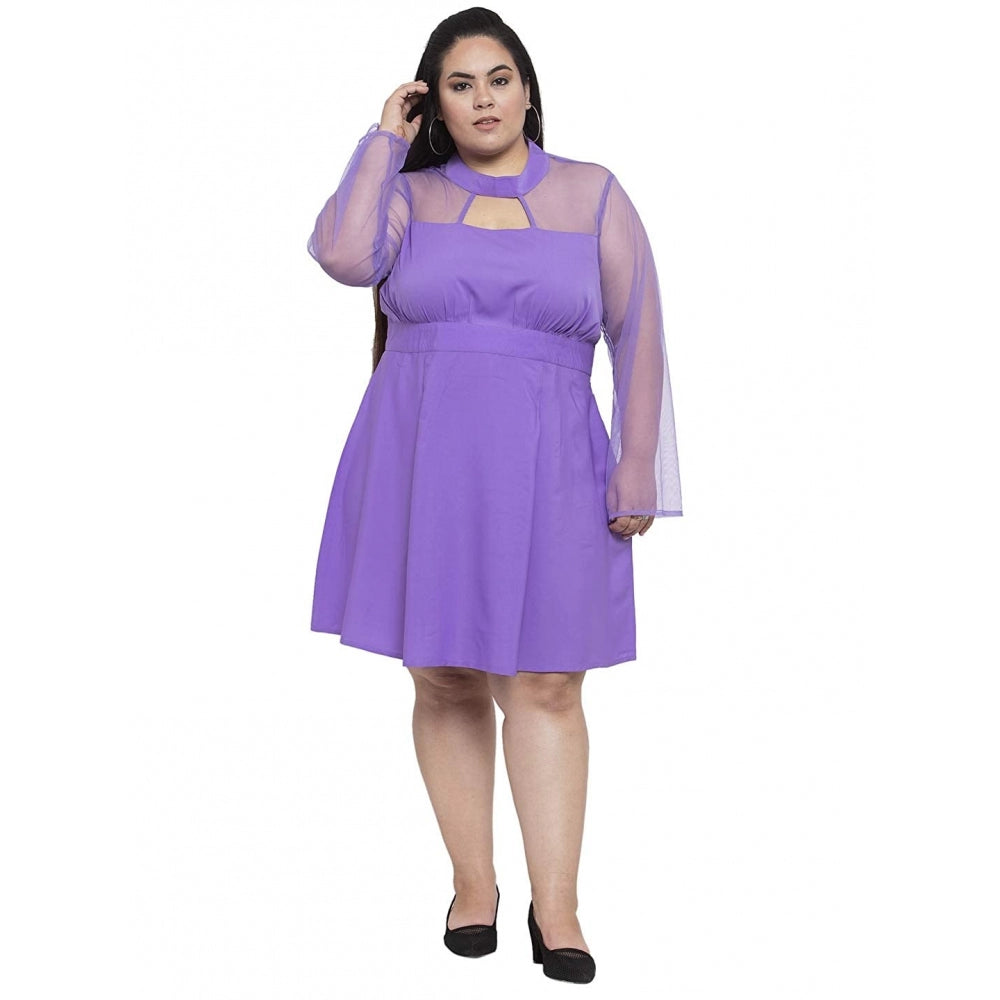 Amfyn Women's Crepe Solid Knee Length Fit and Flare Dress (Purple)