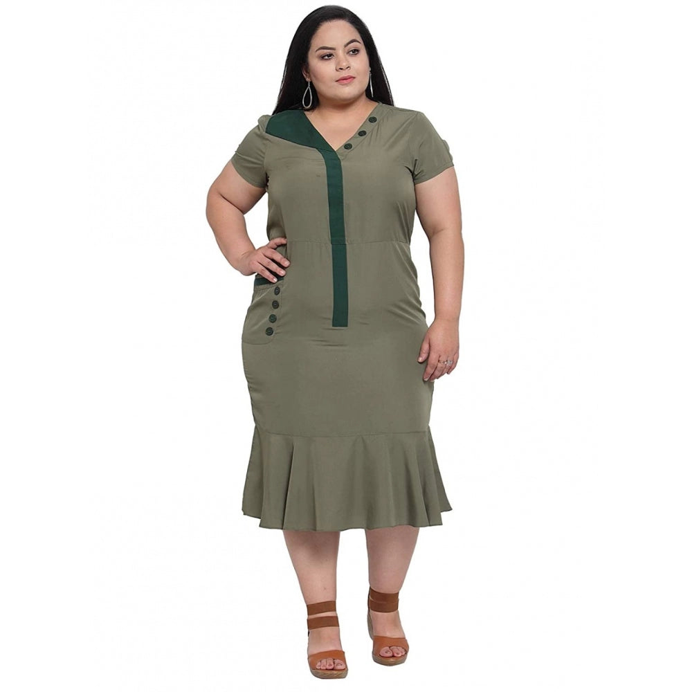 Amfyn Women's Crepe Solid Knee Length Fit and Flare Dress (Olive Green)