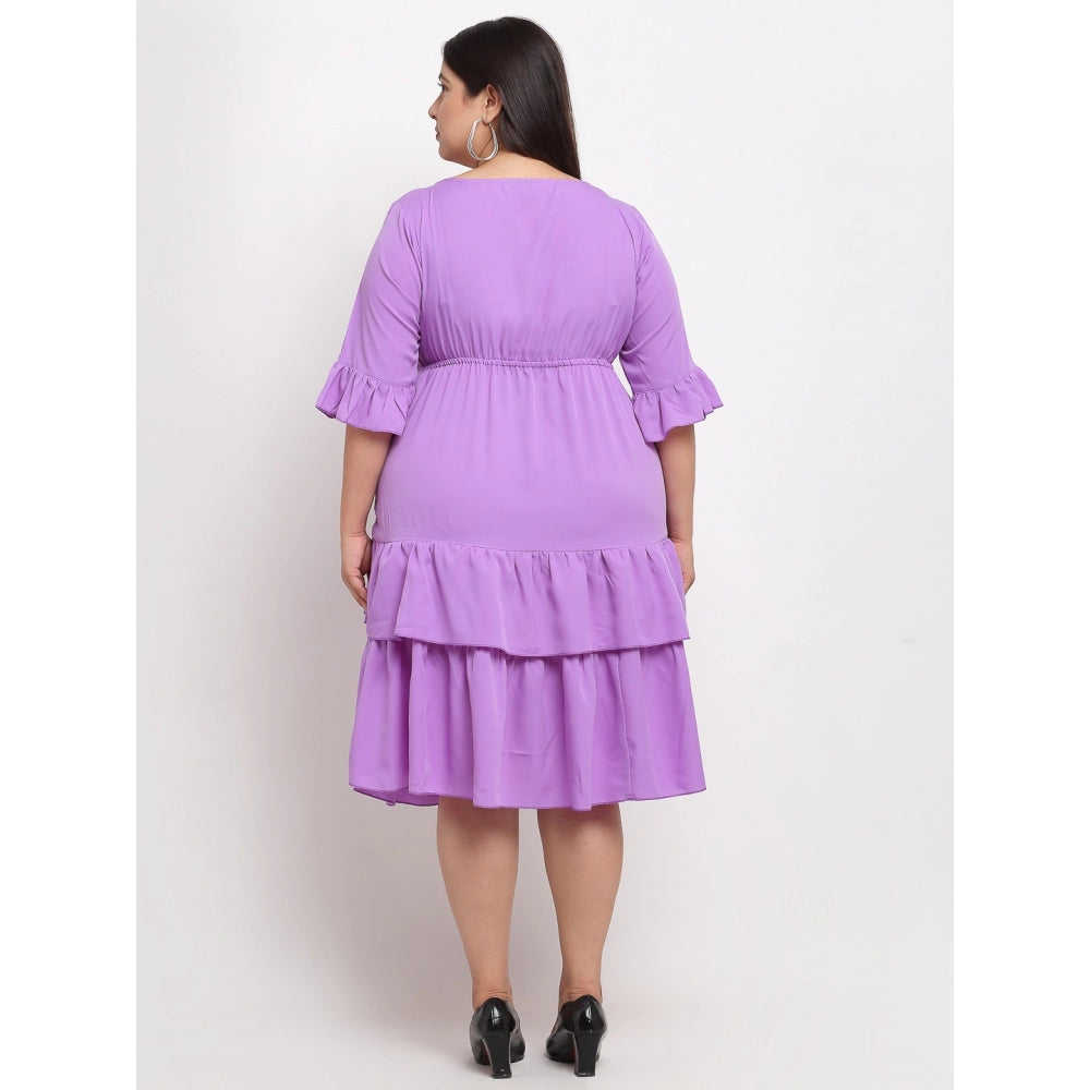 Amfyn Women's Crepe Solid Knee Length Fit and Flare Dress (Purple)