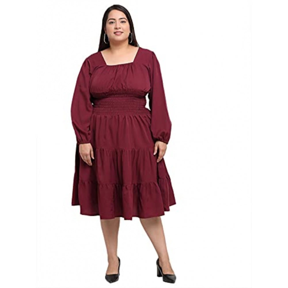 Amfyn Women's Crepe Solid Knee Length Fit and Flare Dress (Maroon)