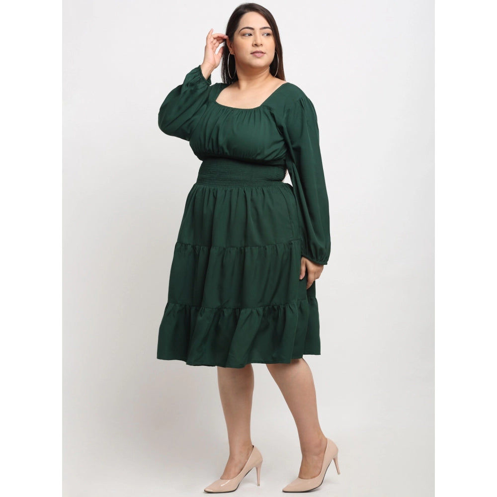 Amfyn Women's Crepe Solid Knee Length Fit and Flare Dress (Bottle Green)