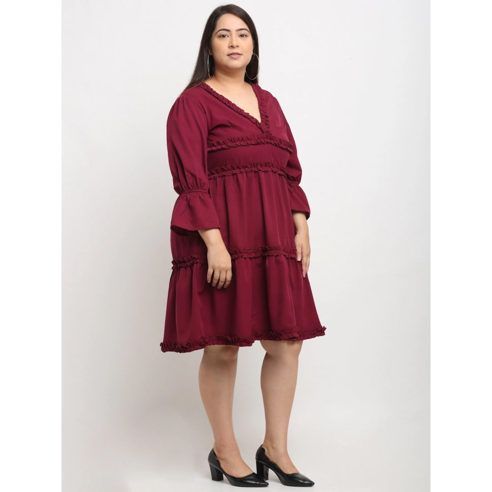 Amfyn Women's Crepe Solid Knee Length Fit and Flare Dress (Maroon)