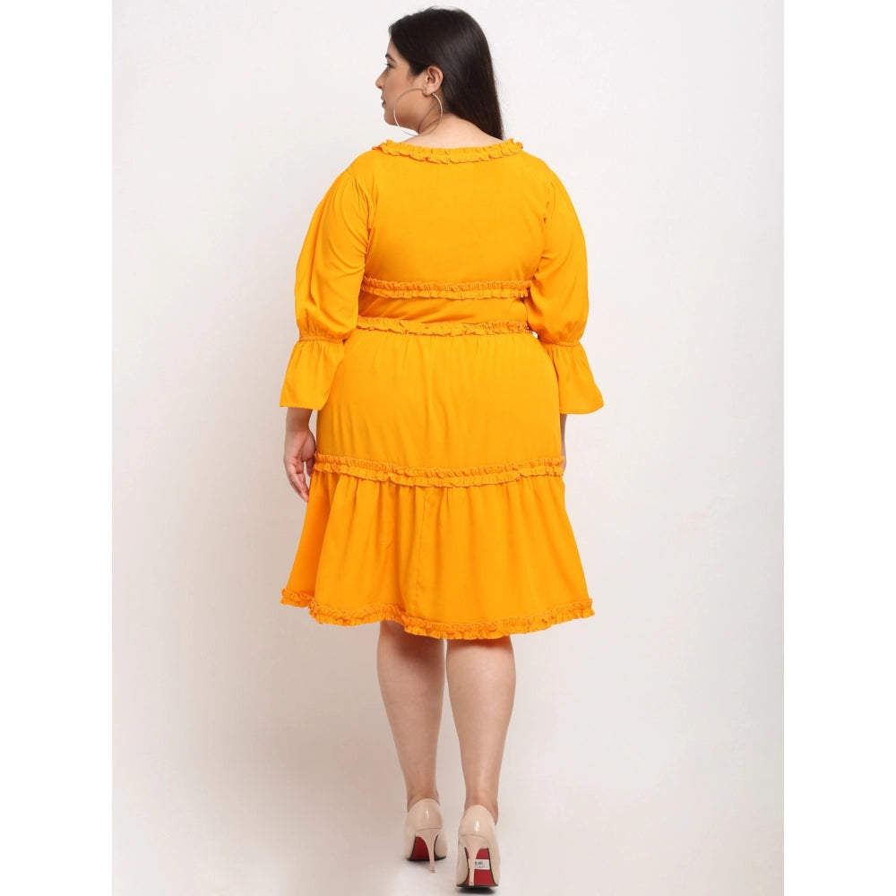 Amfyn Women's Crepe Solid Knee Length Fit and Flare Dress (Yellow)