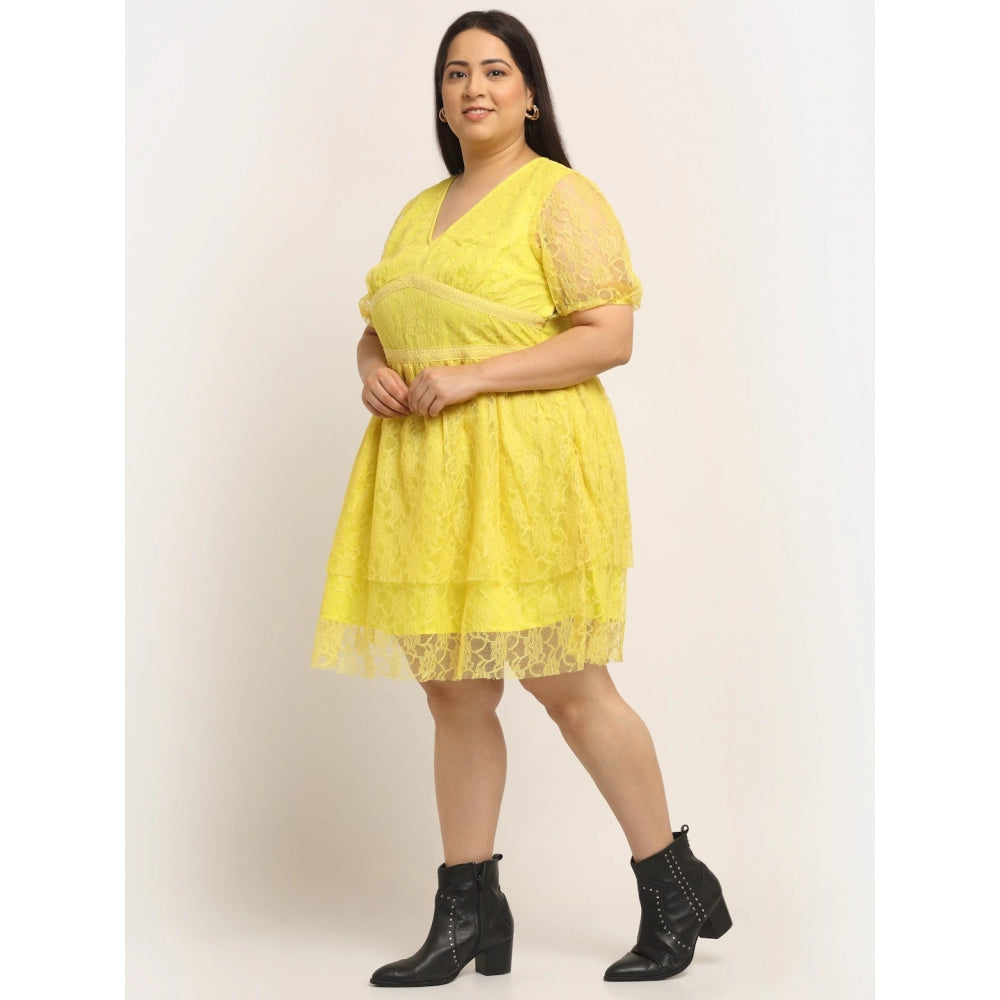Amfyn Women's Net Solid Knee Length Fit and Flare Dress (Yellow)