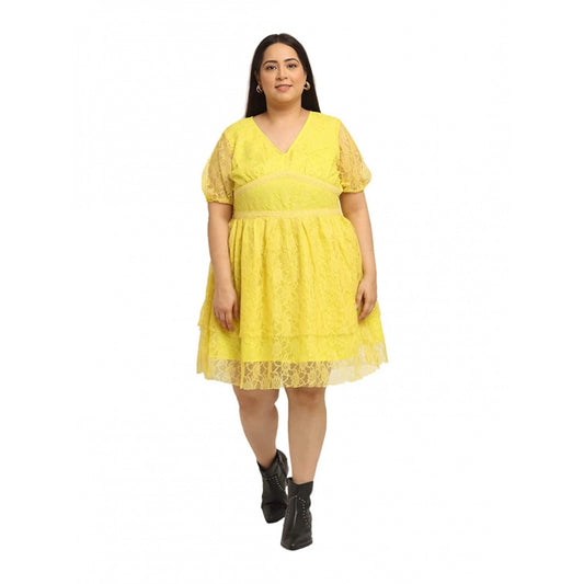 Amfyn Women's Net Solid Knee Length Fit and Flare Dress (Yellow)