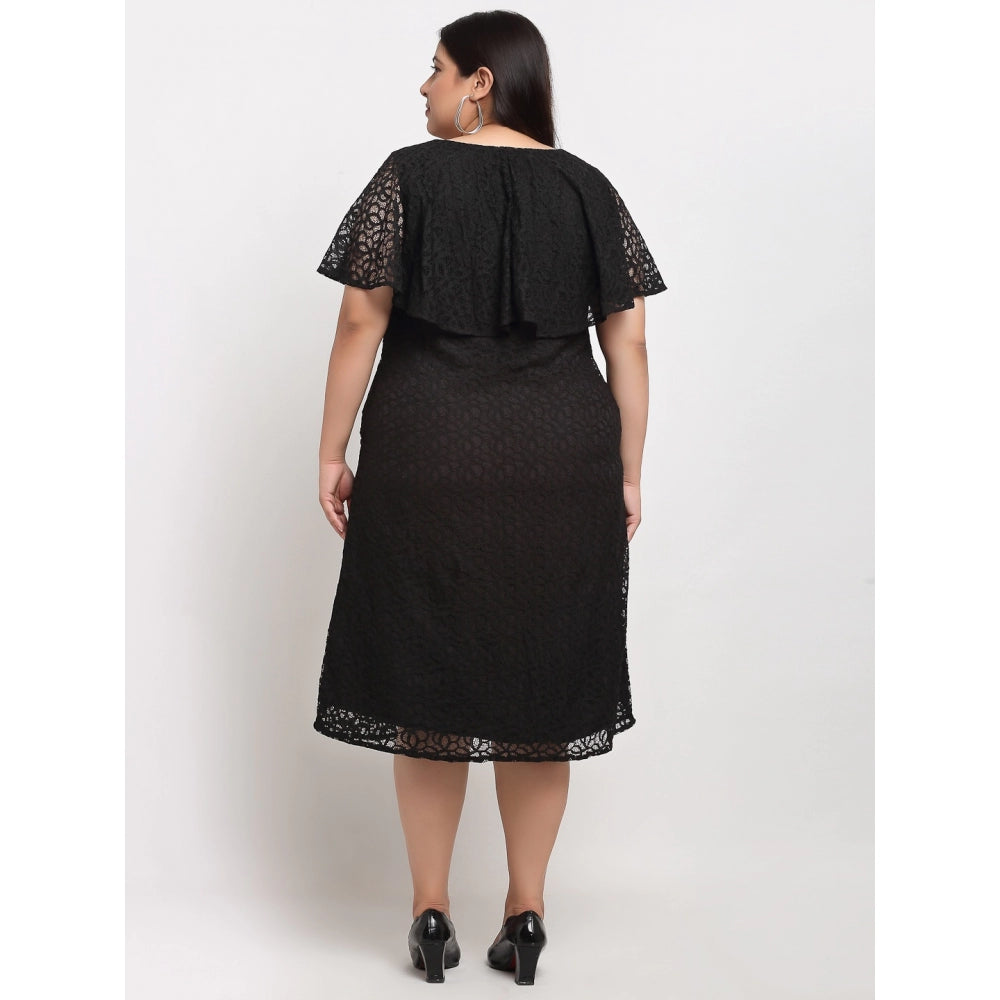 Amfyn Women's Net Solid Knee Length Fit and Flare Dress (Black)