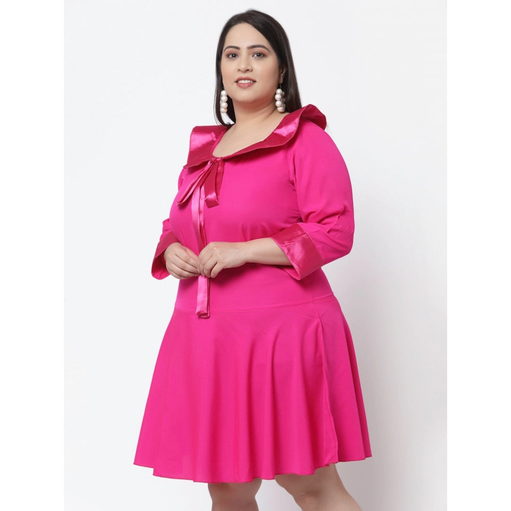 Amfyn Women's Crepe Solid Knee Length Fit and Flare Dress (Pink)