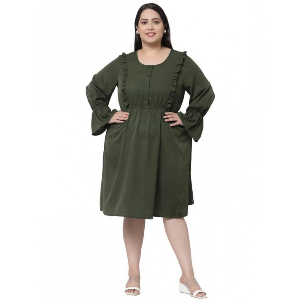 Amfyn Women's Crepe Solid Knee Length Fit and Flare Dress (Botal Green)