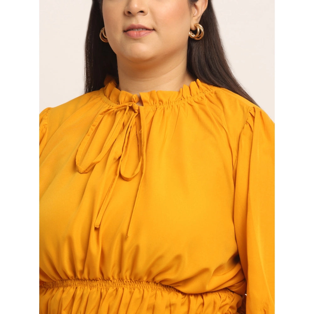 Amfyn Women's Crepe Solid Knee Length Fit and Flare Dress (Yellow)