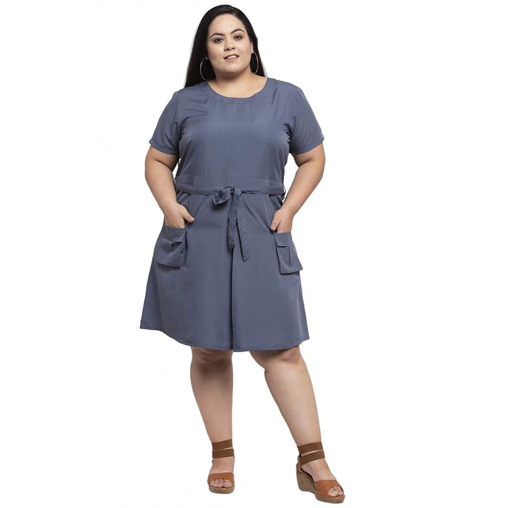 Amfyn Women's Crepe Solid Knee Length Fit and Flare Dress (Grey)