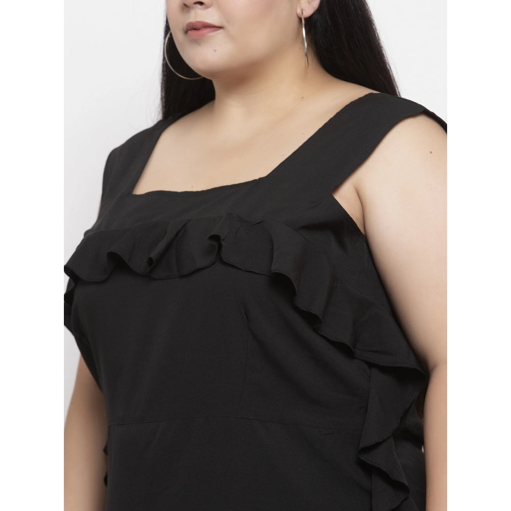 Amfyn Women's Crepe Solid Knee Length Fit and Flare Dress (Black)