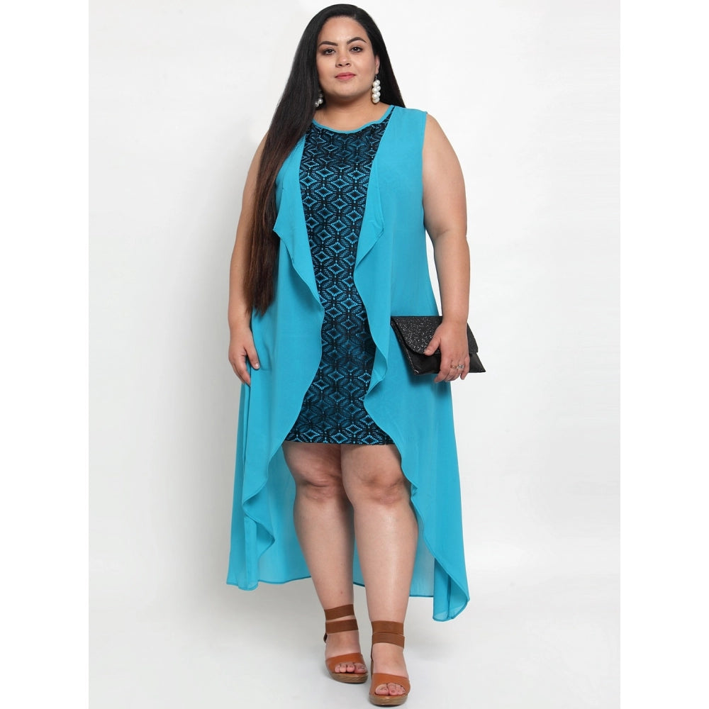 Amfyn Women's Georgette Solid Knee Length Fit and Flare Dress (Blue)