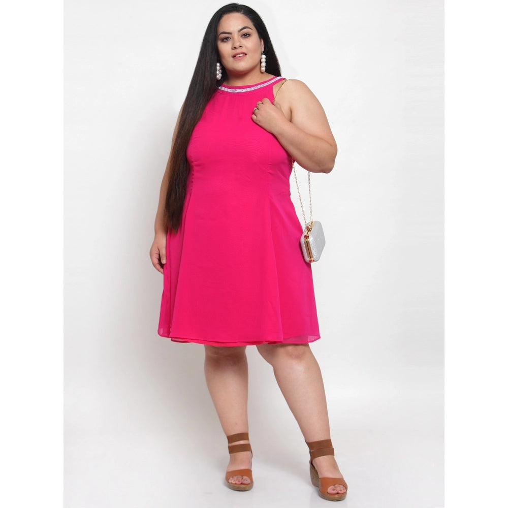 Amfyn Women's Georgette Solid Knee Length Fit and Flare Dress (Pink)