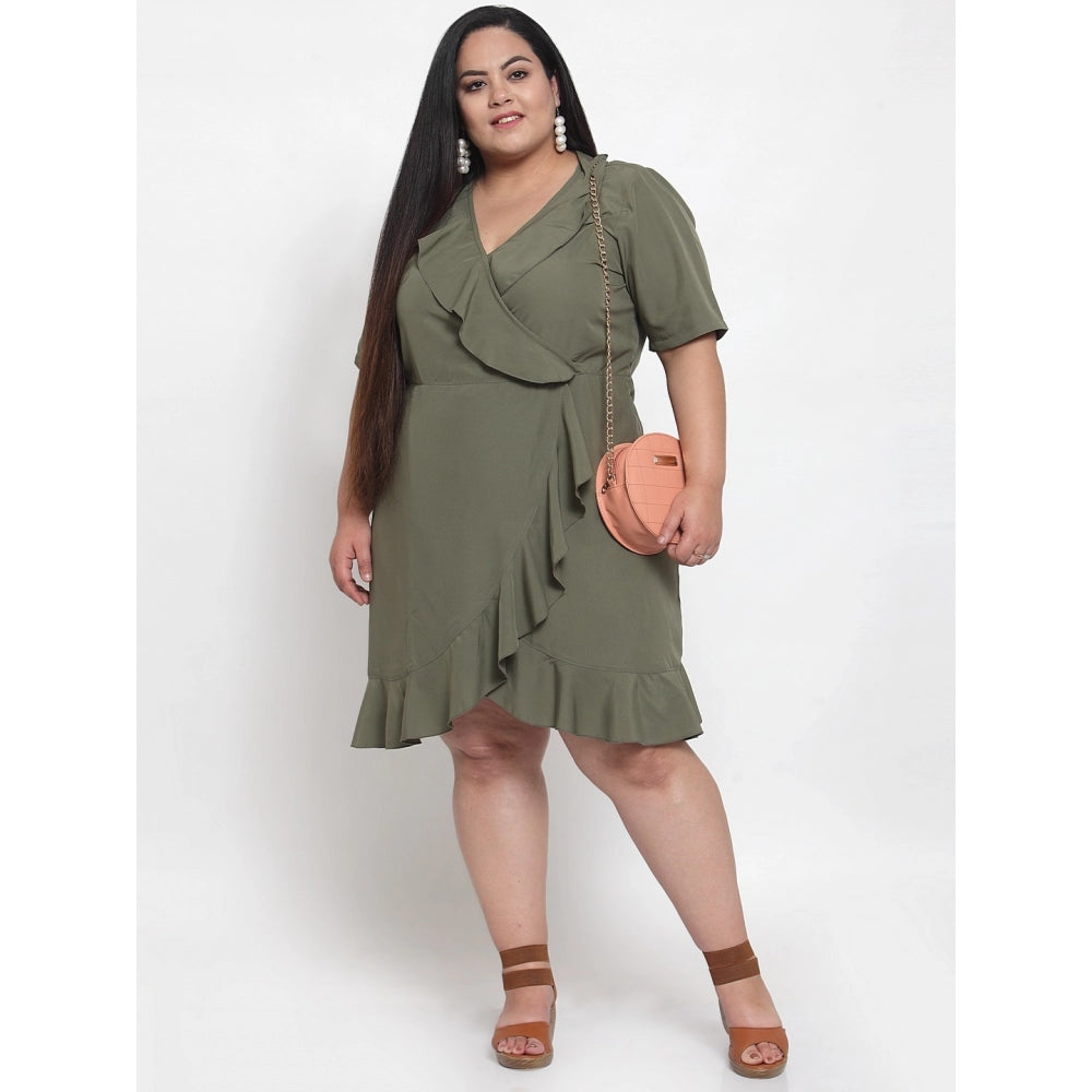Amfyn Women's Crepe Solid Knee Length Fit and Flare Dress (Olive Green)