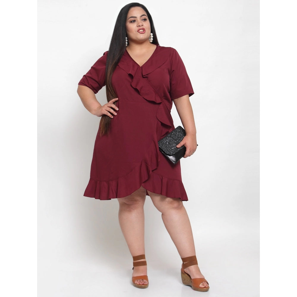 Amfyn Women's Crepe Solid Knee Length Fit and Flare Dress (Maroon)