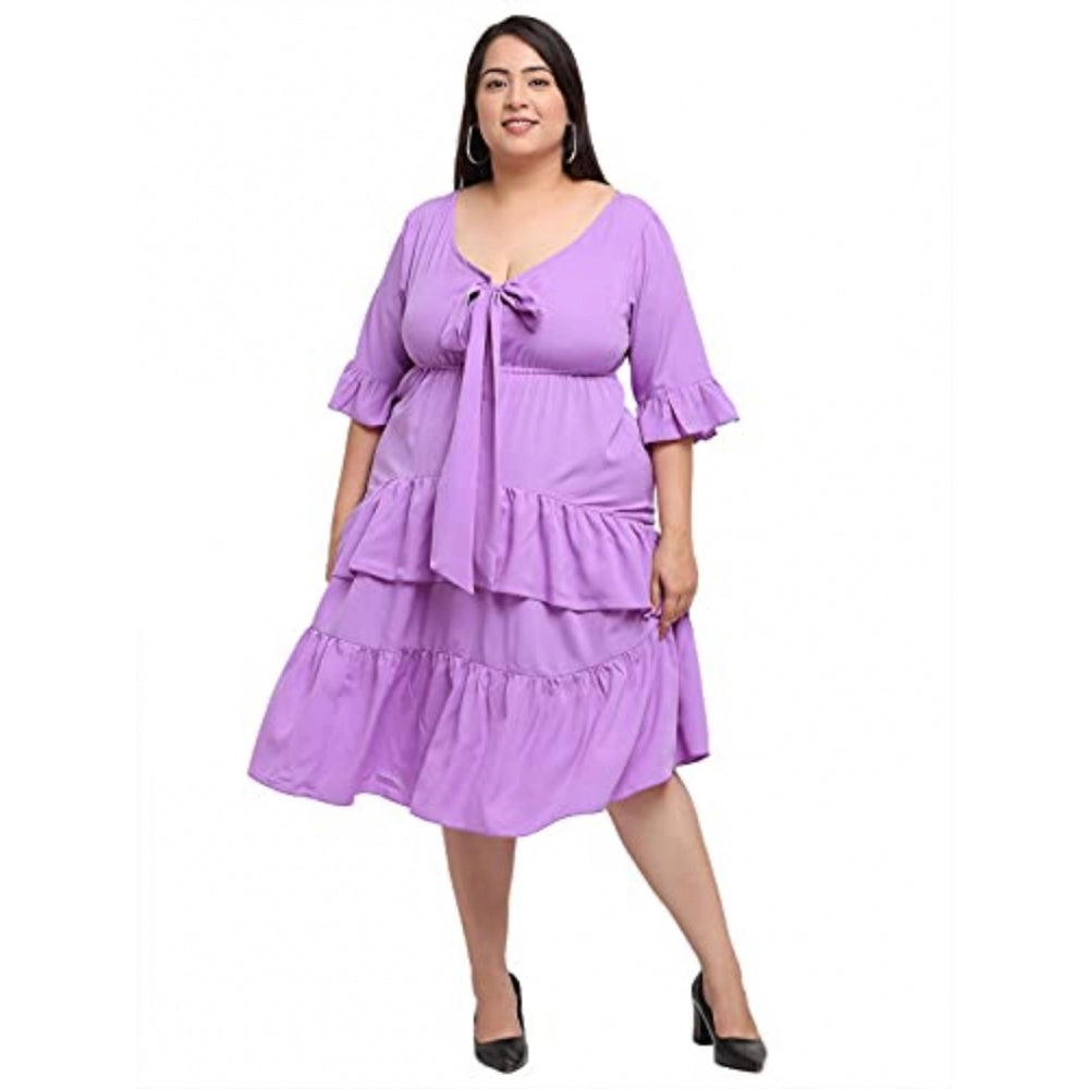 Amfyn Women's Crepe Solid Knee Length Fit and Flare Dress (Purple)