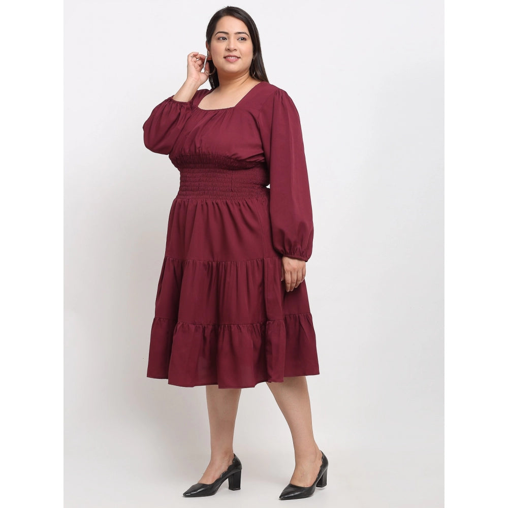 Amfyn Women's Crepe Solid Knee Length Fit and Flare Dress (Maroon)