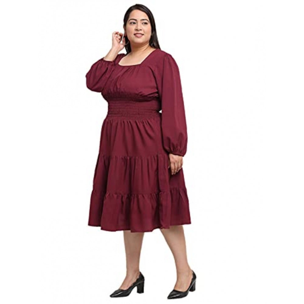 Amfyn Women's Crepe Solid Knee Length Fit and Flare Dress (Maroon)