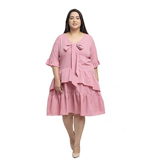 Amfyn Women's Crepe Solid Knee Length Fit and Flare Dress (Pink)