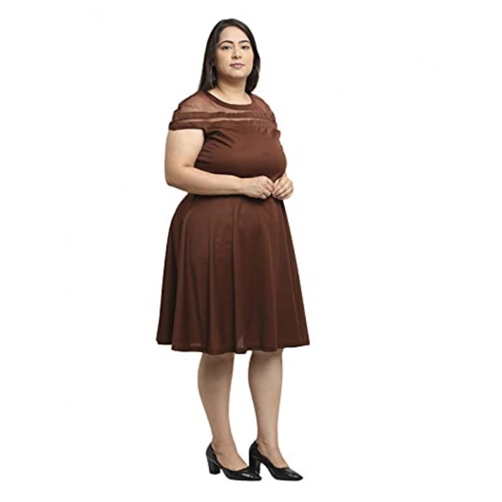 Amfyn Women's Hojri Solid Knee Length Fit and Flare Dress (Brown)
