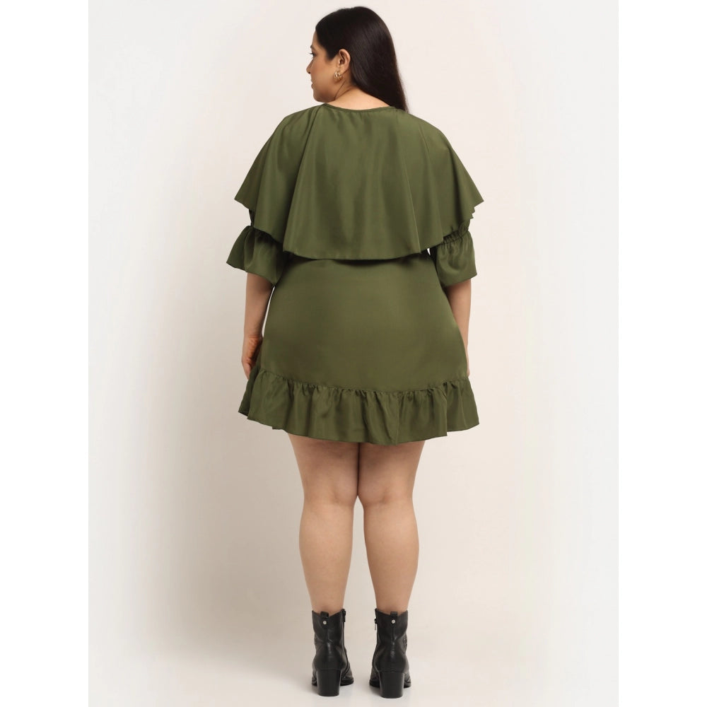 Amfyn Women's Crepe Solid Knee Length Fit and Flare Dress (Olive Green)