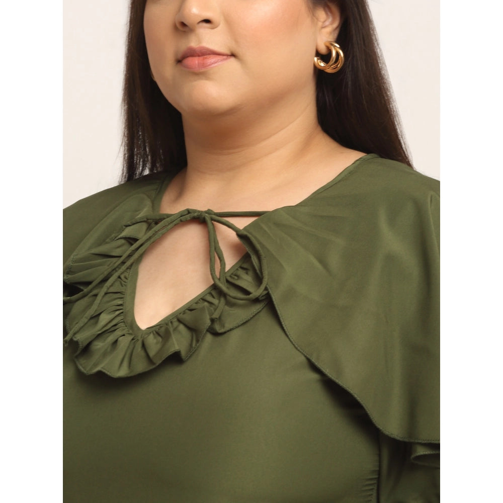 Amfyn Women's Crepe Solid Knee Length Fit and Flare Dress (Olive Green)