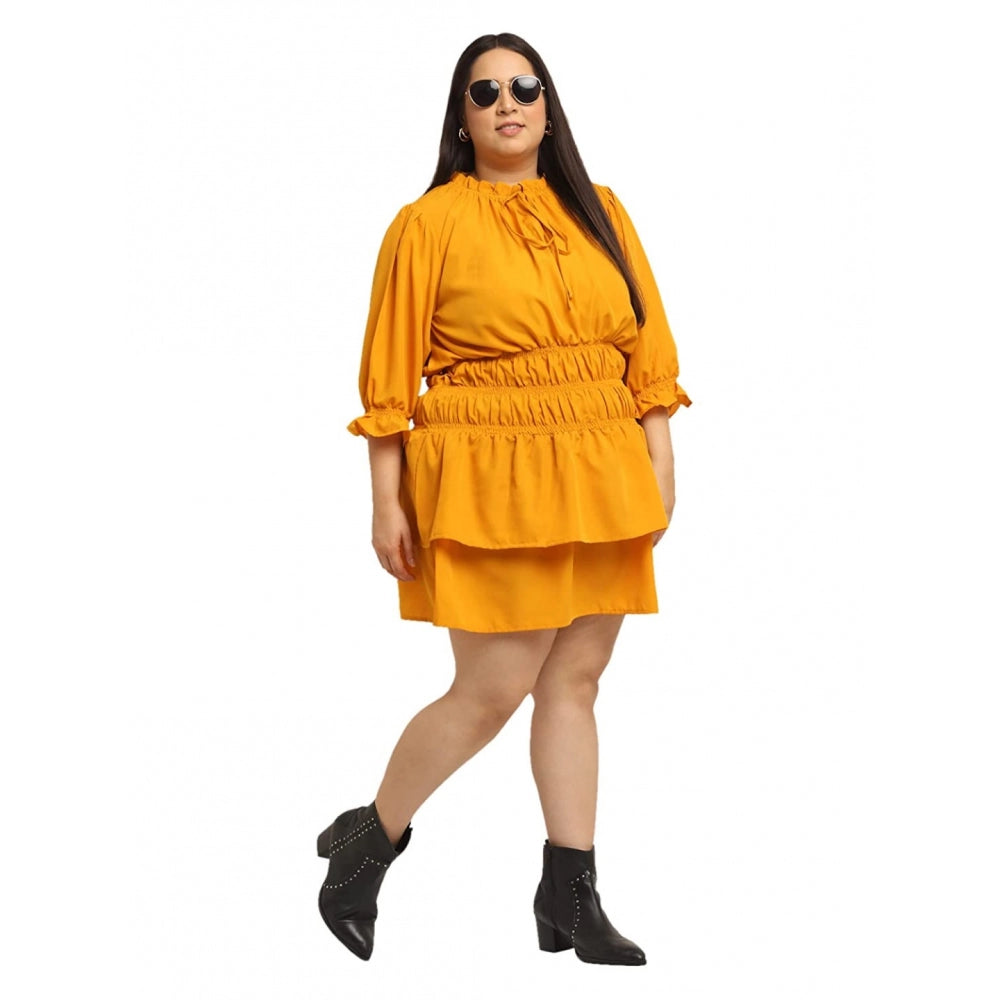 Amfyn Women's Crepe Solid Knee Length Fit and Flare Dress (Yellow)