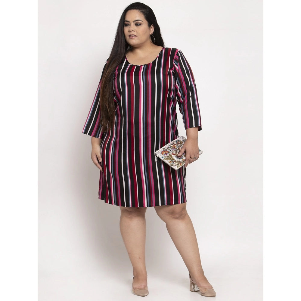 Amfyn Women's Crepe Printed Strip Knee Length Fit and Flare Dress (Multicolor)