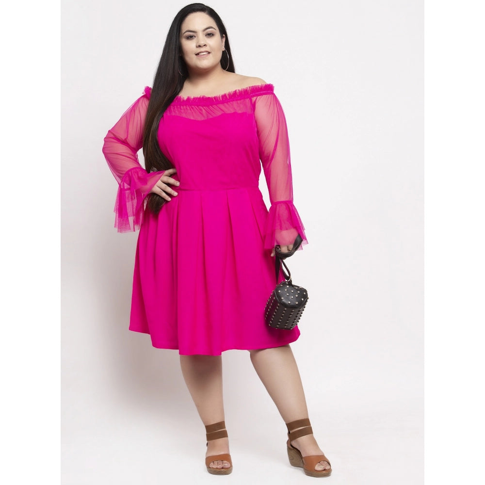 Amfyn Women's Crepe Solid Knee Length Fit and Flare Dress (Pink)