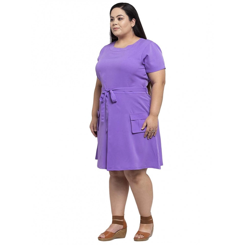 Amfyn Women's Crepe Solid Knee Length Fit and Flare Dress (Purple)