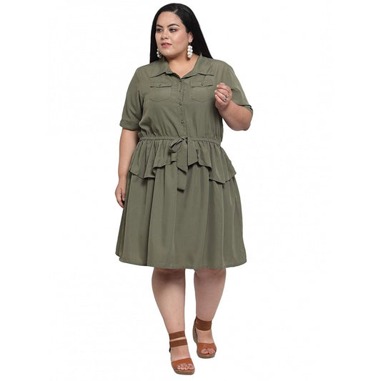 Amfyn Women's Crepe Solid Knee Length Fit and Flare Dress (Olive Green)