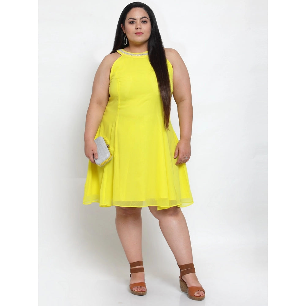 Amfyn Women's Georgette Solid Knee Length Fit and Flare Dress (Yellow)
