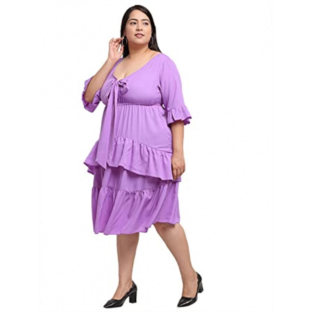 Amfyn Women's Crepe Solid Knee Length Fit and Flare Dress (Purple)