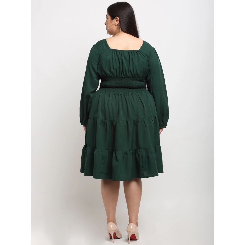Amfyn Women's Crepe Solid Knee Length Fit and Flare Dress (Bottle Green)