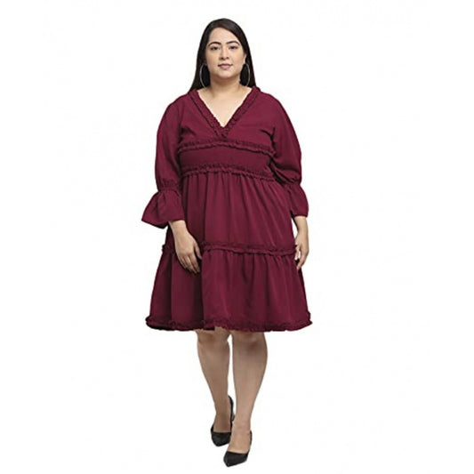 Amfyn Women's Crepe Solid Knee Length Fit and Flare Dress (Maroon)