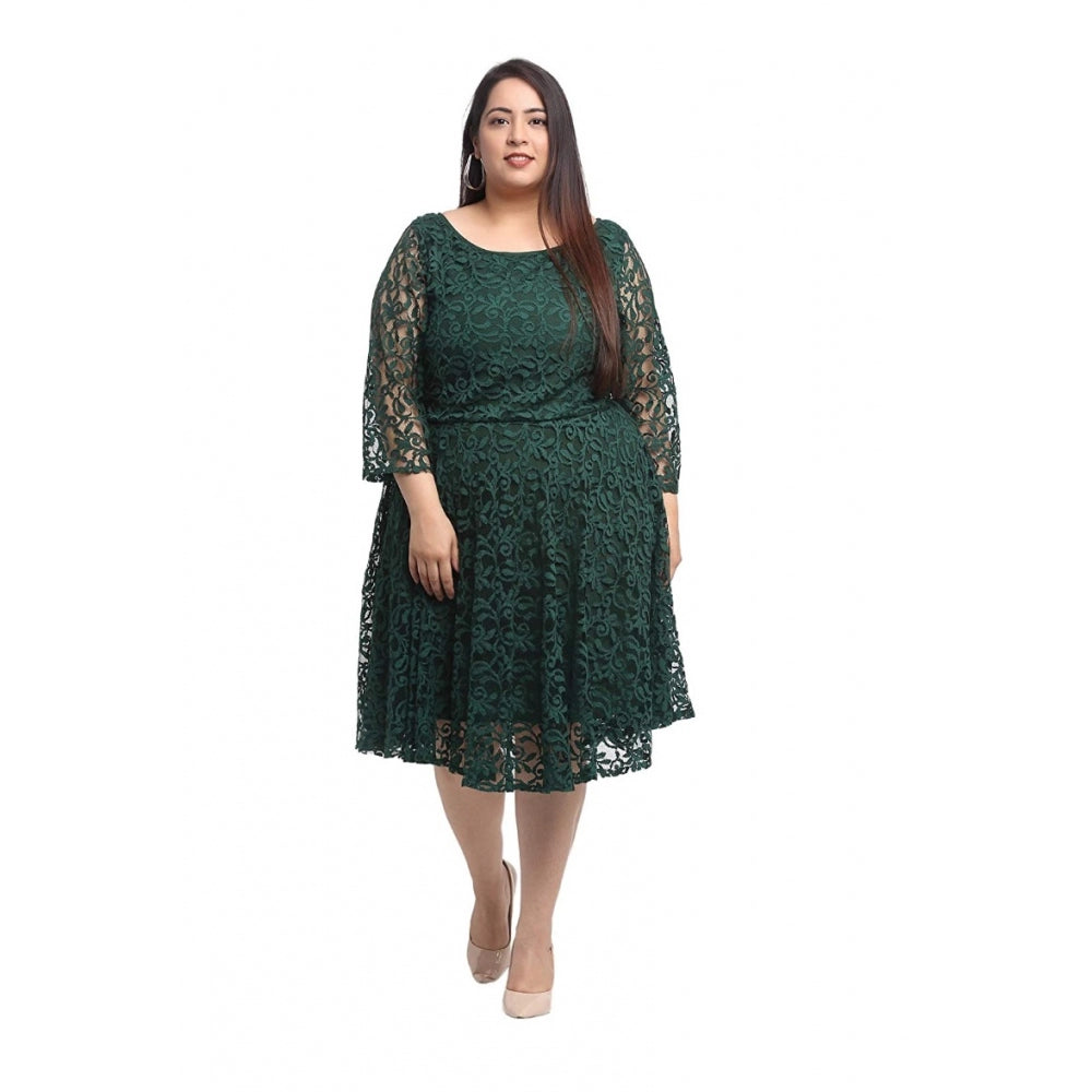 Amfyn Women's Net Solid Knee Length Fit and Flare Dress (Botal Green)