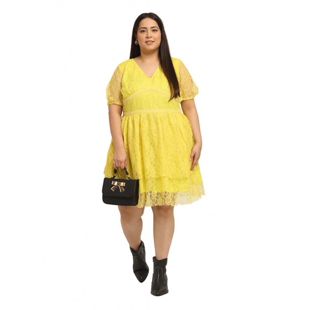 Amfyn Women's Net Solid Knee Length Fit and Flare Dress (Yellow)