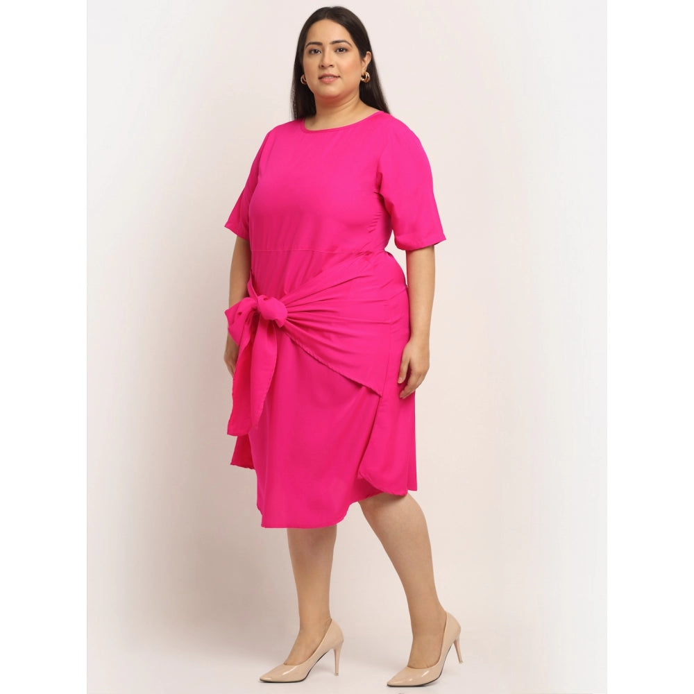 Amfyn Women's Crepe Solid Knee Length Fit and Flare Dress (Pink)