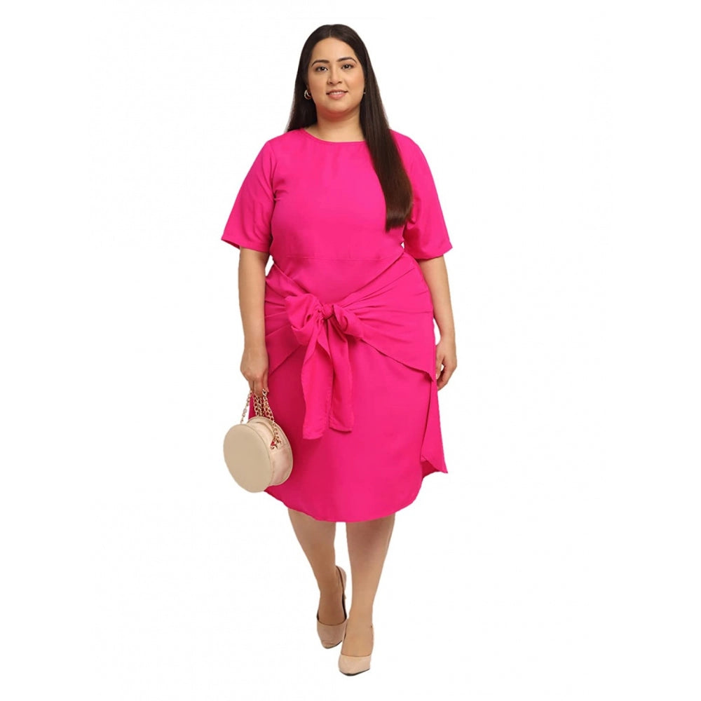 Amfyn Women's Crepe Solid Knee Length Fit and Flare Dress (Pink)