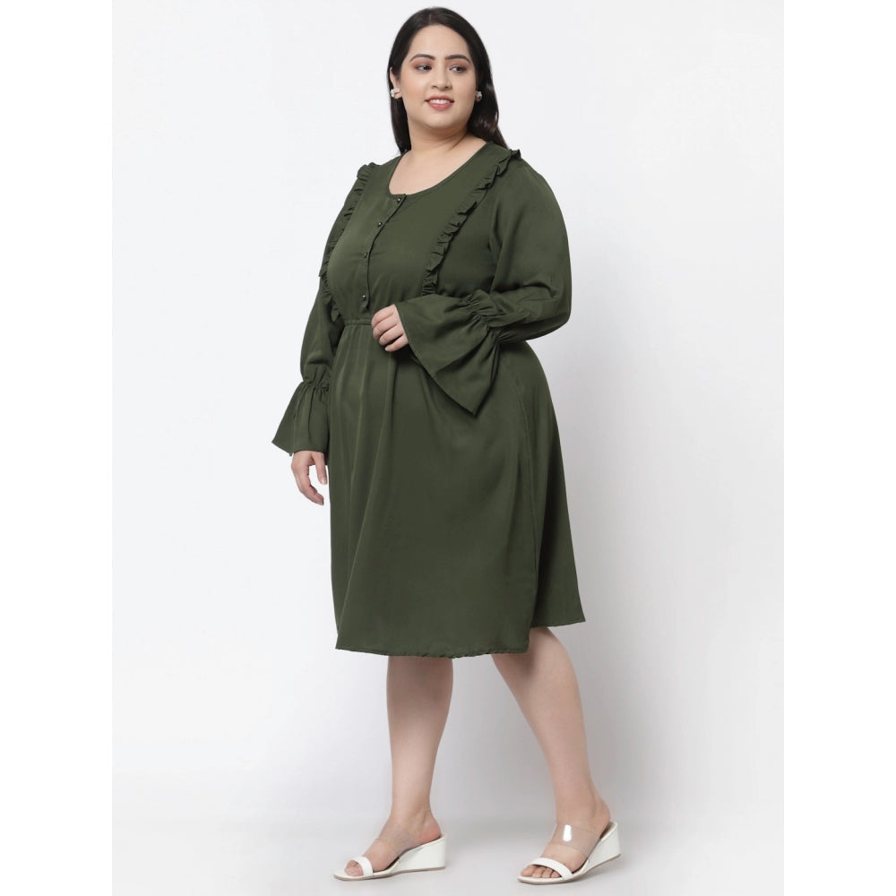 Amfyn Women's Crepe Solid Knee Length Fit and Flare Dress (Botal Green)