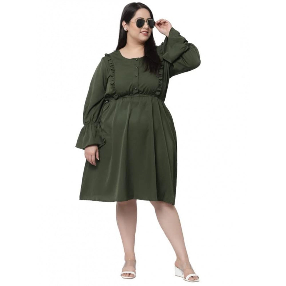 Amfyn Women's Crepe Solid Knee Length Fit and Flare Dress (Botal Green)
