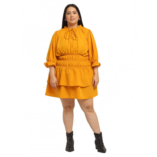 Amfyn Women's Crepe Solid Knee Length Fit and Flare Dress (Yellow)