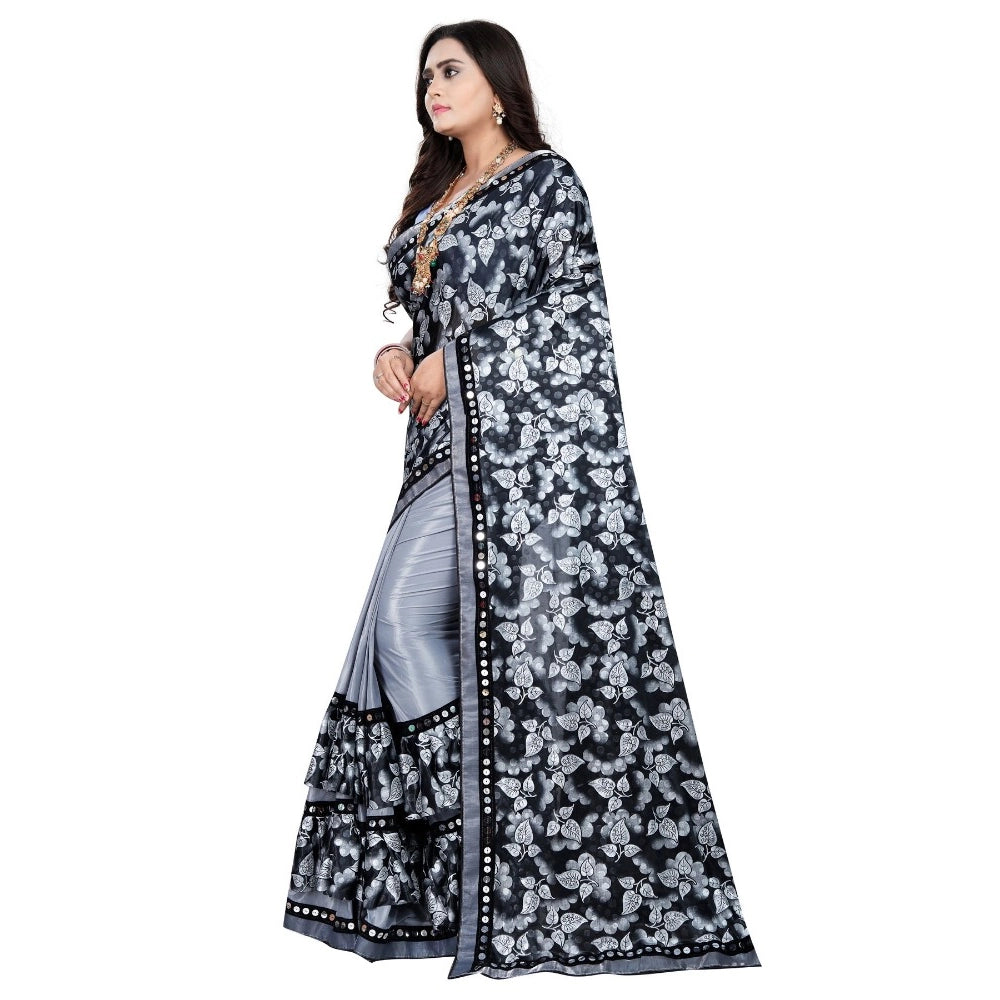 Amfyn Women's Lycra Blend Saree with Blouse (Grey, 5-6 Mtrs)
