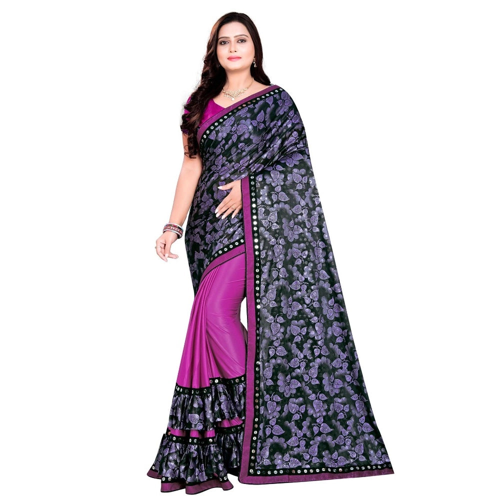Amfyn Women's Lycra Blend Saree with Blouse (Purple, 5-6 Mtrs)