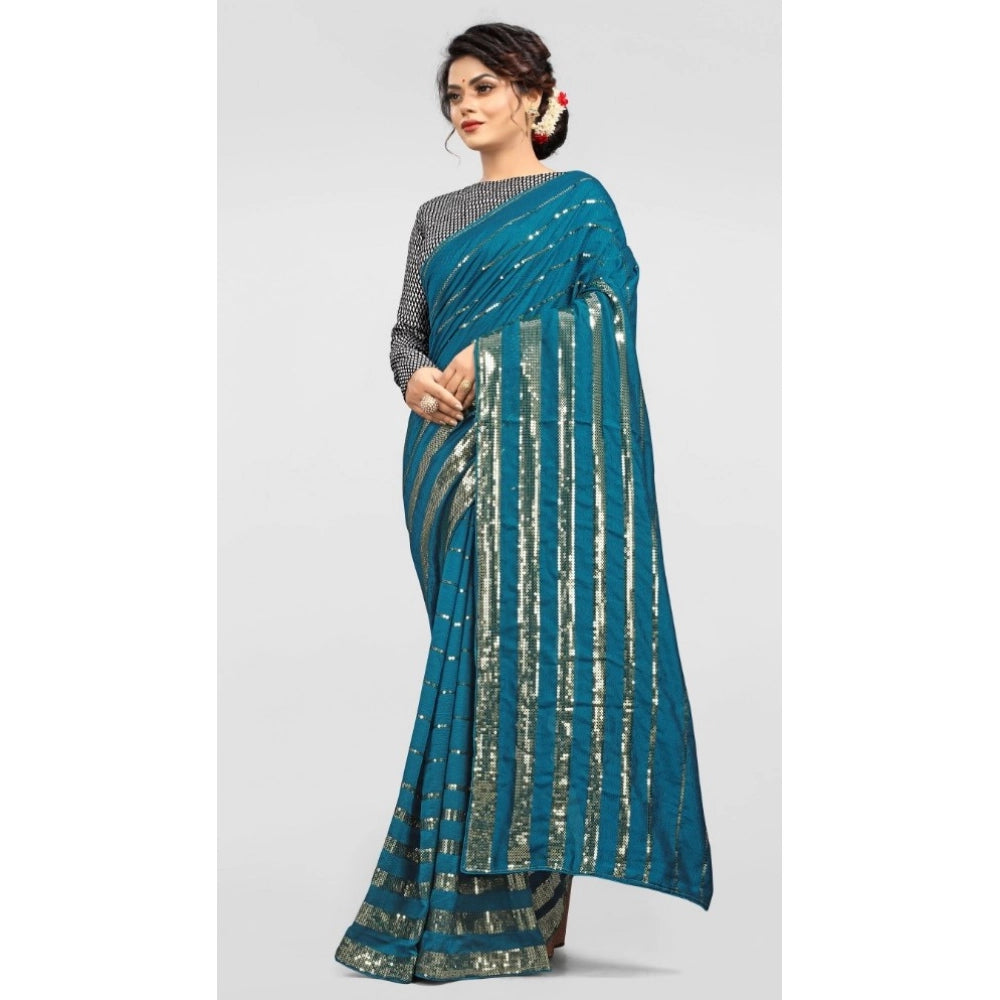 Amfyn Women's Vichitra Saree with Blouse (Rama, 5-6 Mtrs)