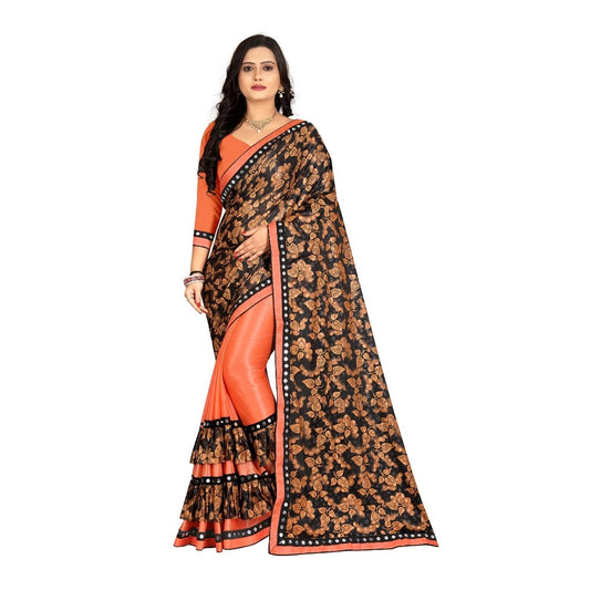 Amfyn Women's Lycra Blend Saree with Blouse (Orange, 5-6 Mtrs)