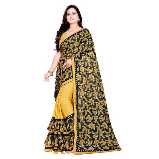 Amfyn Women's Lycra Blend Saree with Blouse (Mustard, 5-6 Mtrs)