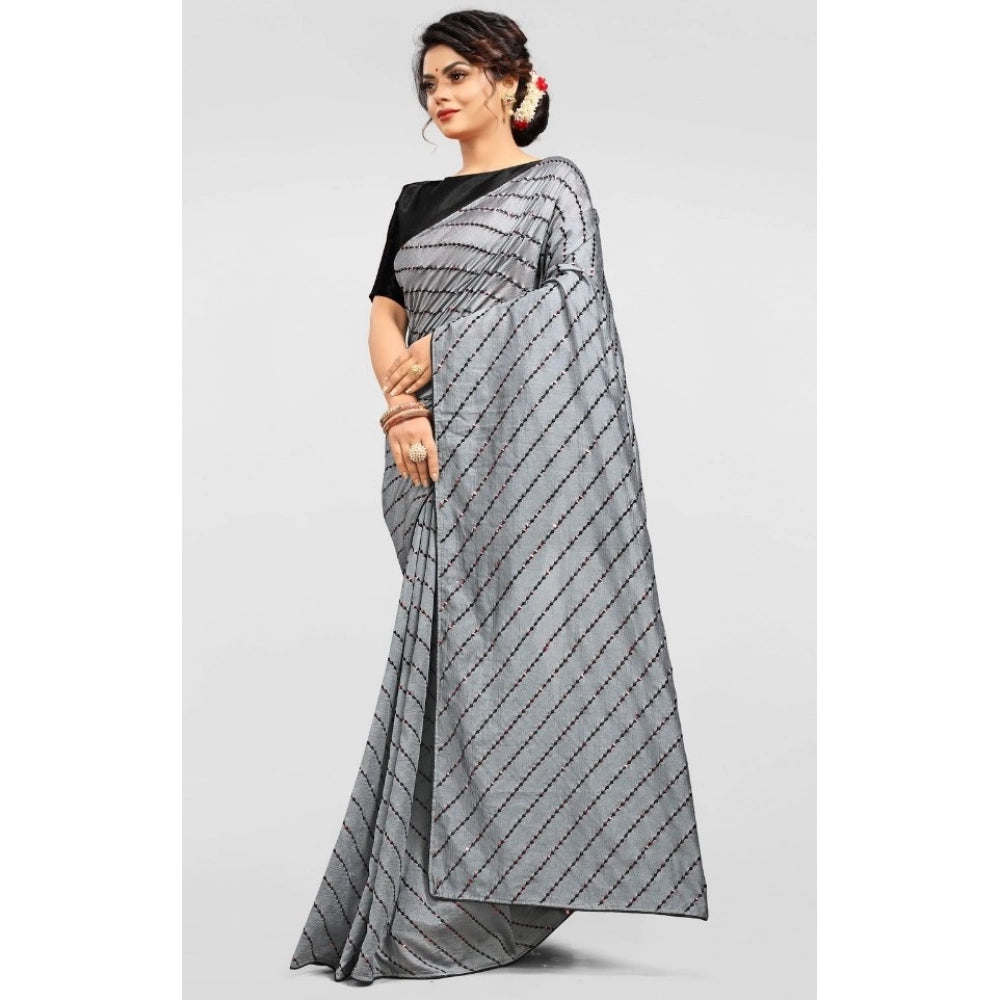 Amfyn Women's Vichitra Saree with Blouse (Grey, 5-6 Mtrs)